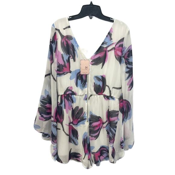 New Pink Owl Womens Large Flower Tulip Scoop Neck Floral Long Sleeve Romper - Picture 5 of 6